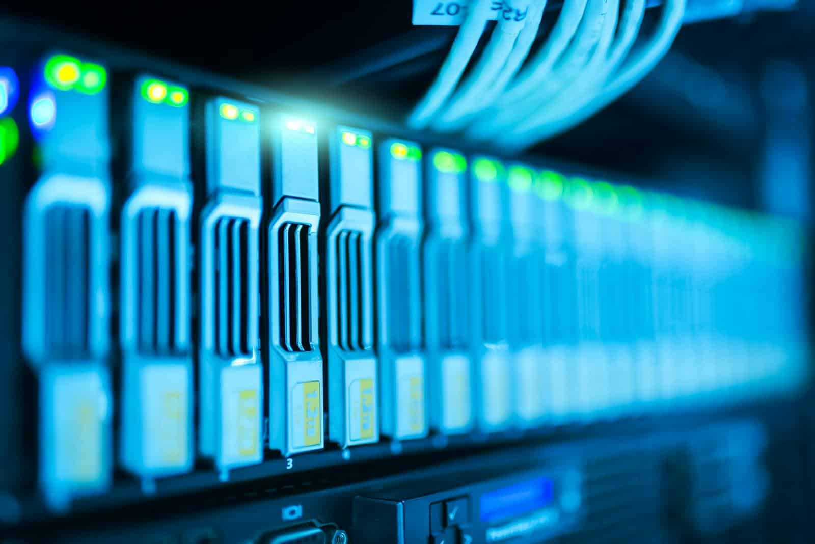 cyber, security, business, protection, Detailed image of a server rack with glowing lights in a modern data center.