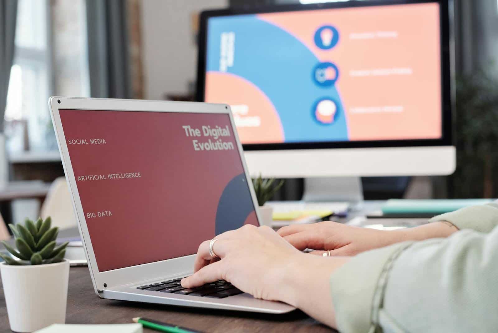 big data, business, Laptop user typing with digital evolution concept on screen in a modern office environment.